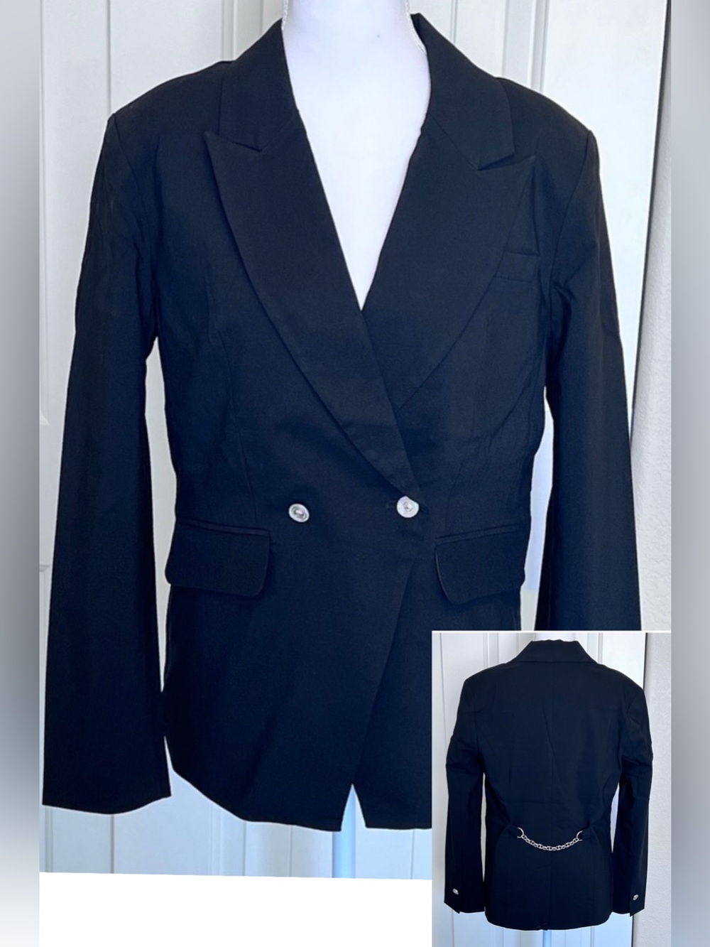 Kate & Mallory Black Blazer buttons on front & cuffs, back chain accent Sz Small
